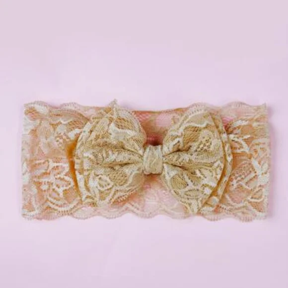 Lace Bowknot Beige Headband Baby Girl Elastic Headwrap Kids Handmade Hairband - Picture 10 of 10